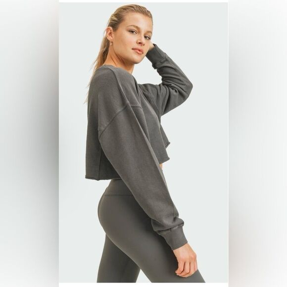 Zara Oversized Cropped Boxy Sweater Sweatshirt Raw Hem Olive Green sz L - Picture 1 of 10